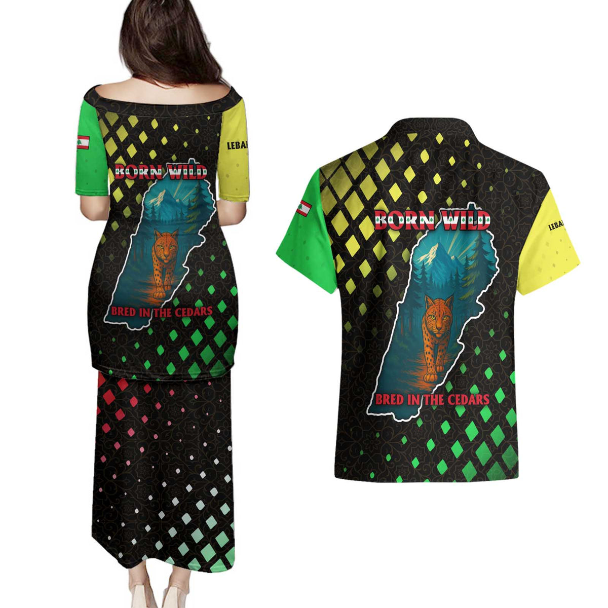 Lebanon Wild Cedar Forest Couples Matching Puletasi and Hawaiian Shirt with Leopard and National Map Design