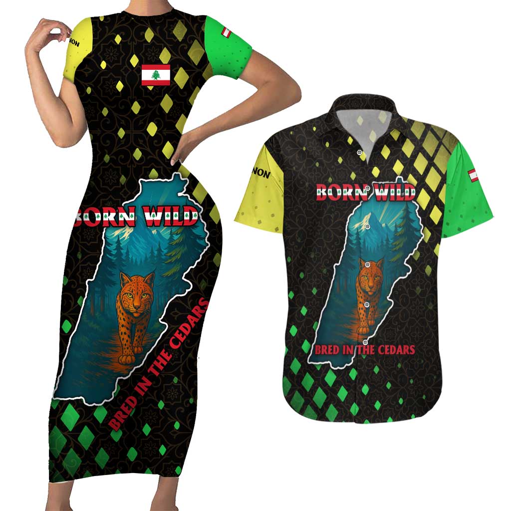 Lebanon Wild Cedar Forest Couples Matching Short Sleeve Bodycon Dress and Hawaiian Shirt with Leopard and National Map Design