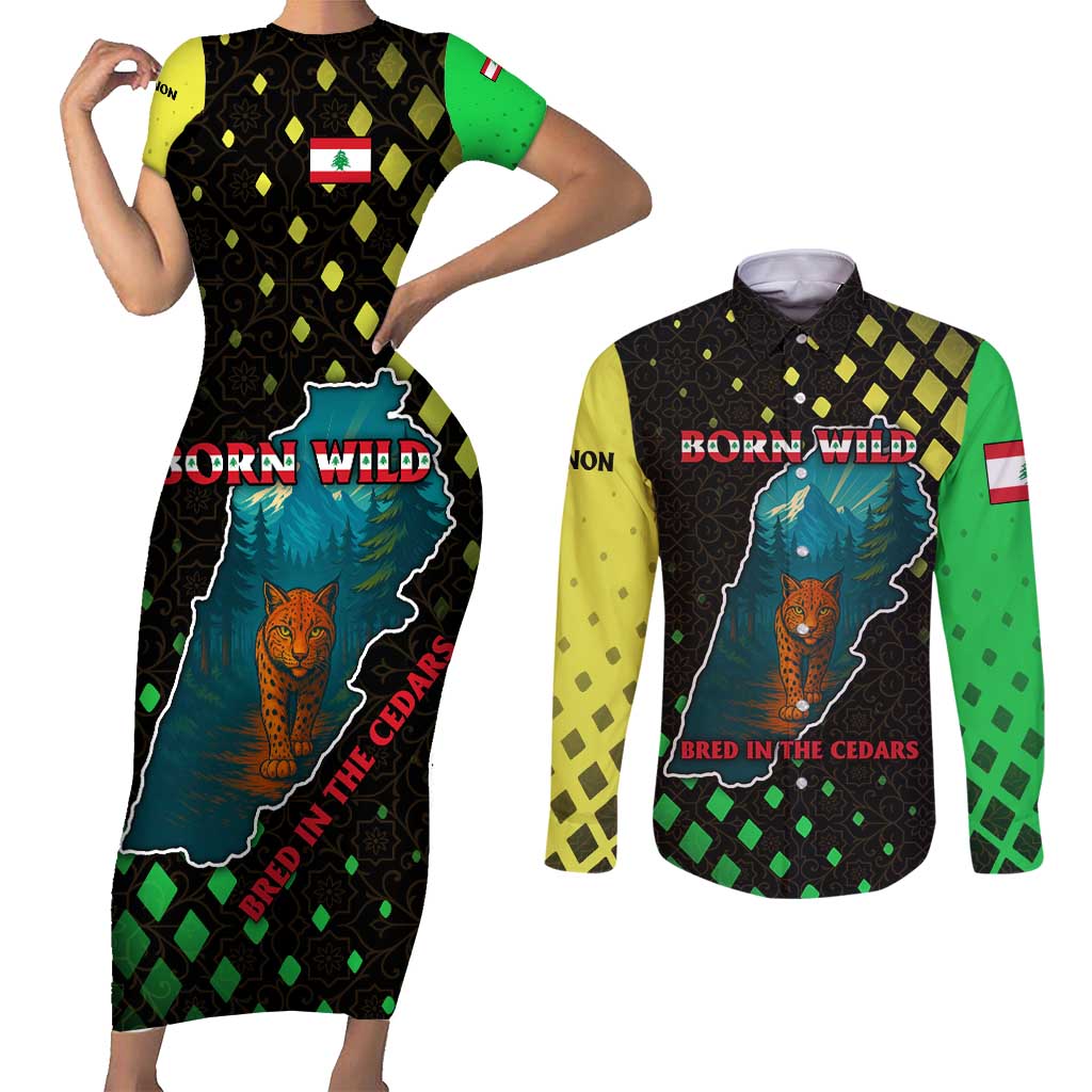 Lebanon Wild Cedar Forest Couples Matching Short Sleeve Bodycon Dress and Long Sleeve Button Shirt with Leopard and National Map Design