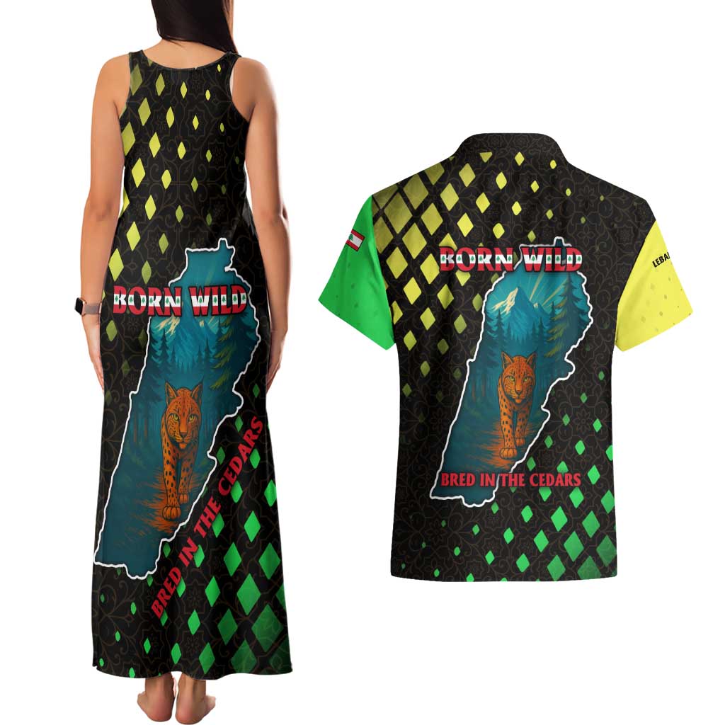Lebanon Wild Cedar Forest Couples Matching Tank Maxi Dress and Hawaiian Shirt with Leopard and National Map Design