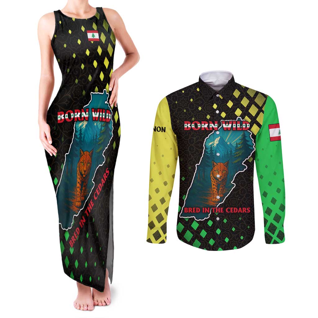 Lebanon Wild Cedar Forest Couples Matching Tank Maxi Dress and Long Sleeve Button Shirt with Leopard and National Map Design