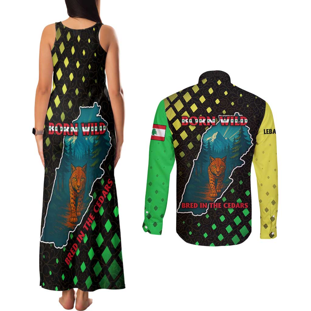 Lebanon Wild Cedar Forest Couples Matching Tank Maxi Dress and Long Sleeve Button Shirt with Leopard and National Map Design