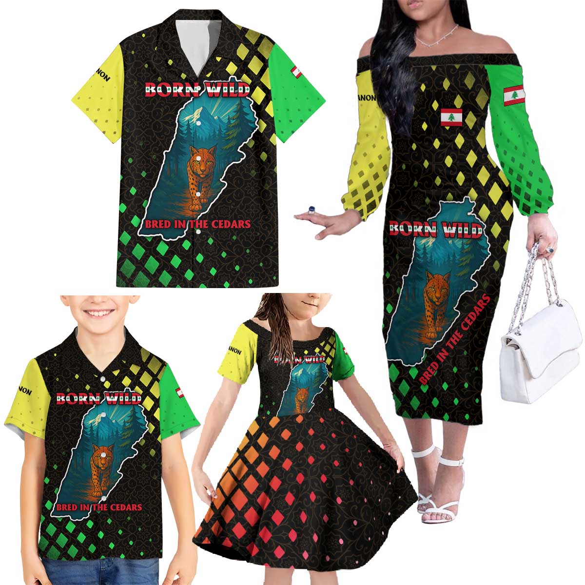 Lebanon Wild Cedar Forest Family Matching Off The Shoulder Long Sleeve Dress and Hawaiian Shirt with Leopard and National Map Design