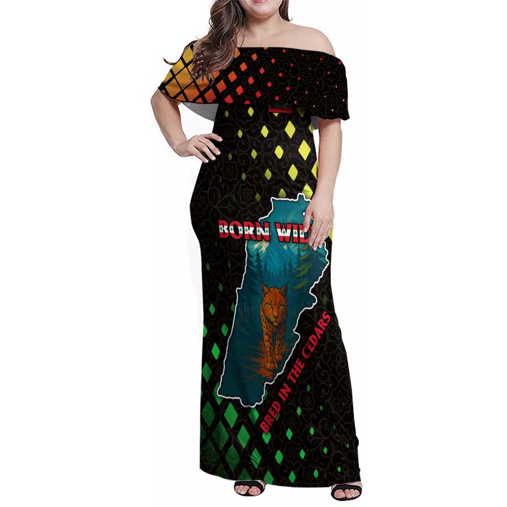 Lebanon Wild Cedar Forest Family Matching Off Shoulder Maxi Dress and Hawaiian Shirt with Leopard and National Map Design
