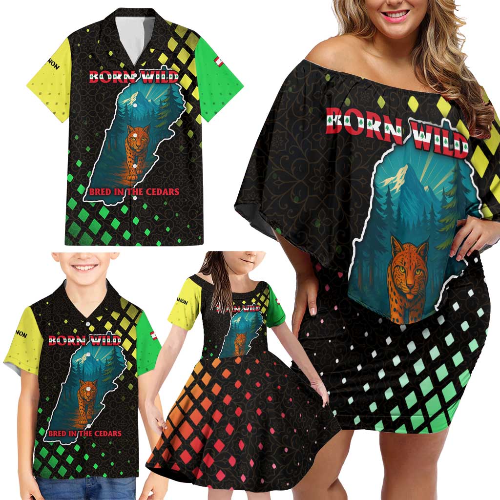 Lebanon Wild Cedar Forest Family Matching Off Shoulder Short Dress and Hawaiian Shirt with Leopard and National Map Design
