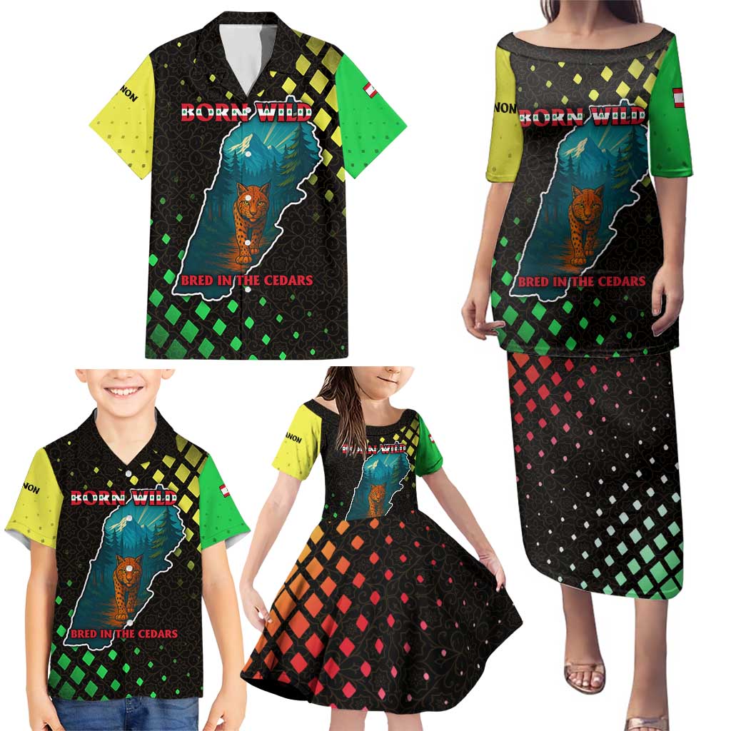 Lebanon Wild Cedar Forest Family Matching Puletasi and Hawaiian Shirt with Leopard and National Map Design