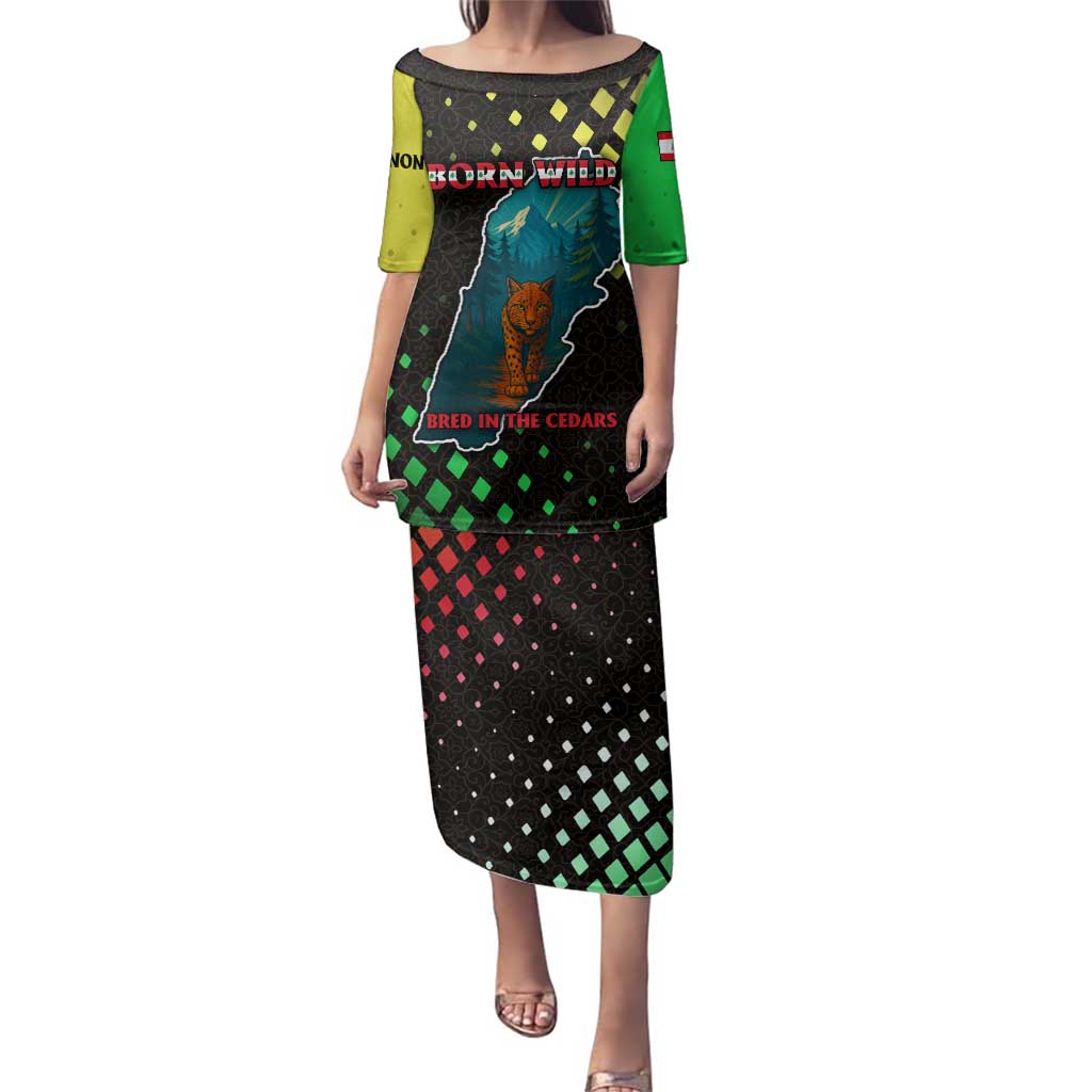 Lebanon Wild Cedar Forest Family Matching Puletasi and Hawaiian Shirt with Leopard and National Map Design