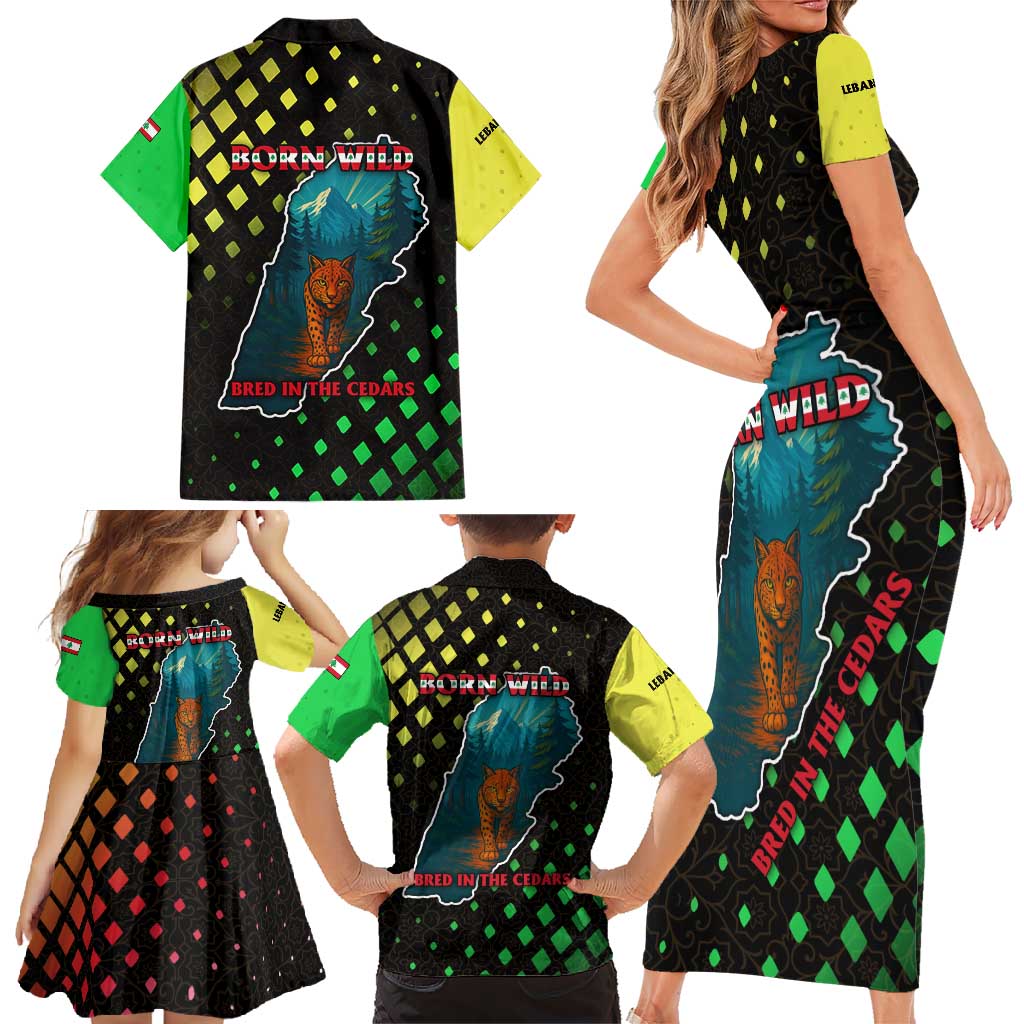 Lebanon Wild Cedar Forest Family Matching Short Sleeve Bodycon Dress and Hawaiian Shirt with Leopard and National Map Design