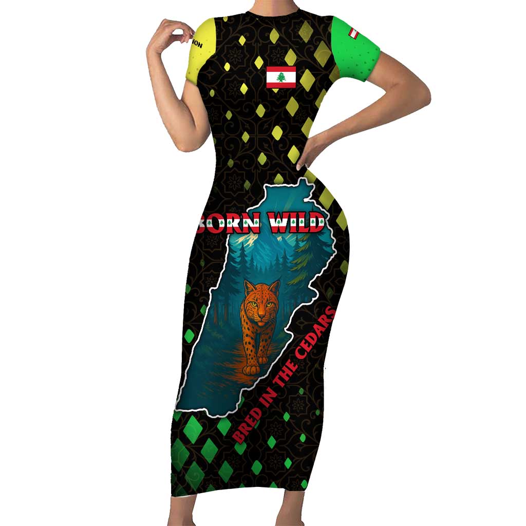 Lebanon Wild Cedar Forest Family Matching Short Sleeve Bodycon Dress and Hawaiian Shirt with Leopard and National Map Design