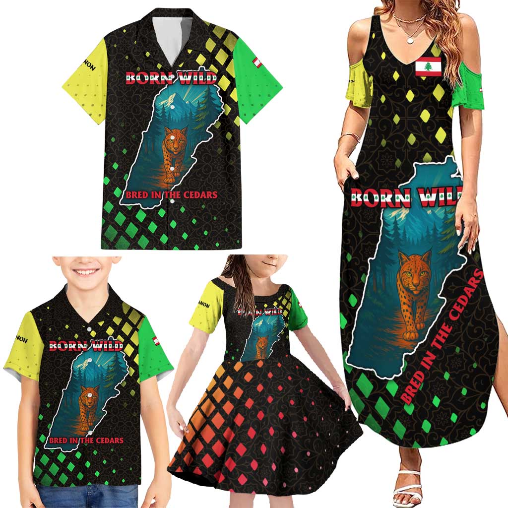 Lebanon Wild Cedar Forest Family Matching Summer Maxi Dress and Hawaiian Shirt with Leopard and National Map Design