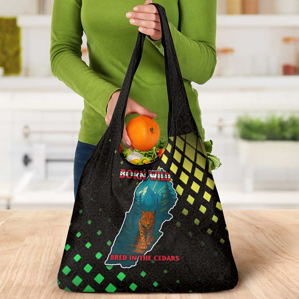 Lebanon Wild Cedar Forest Grocery Bag with Leopard and National Map Design