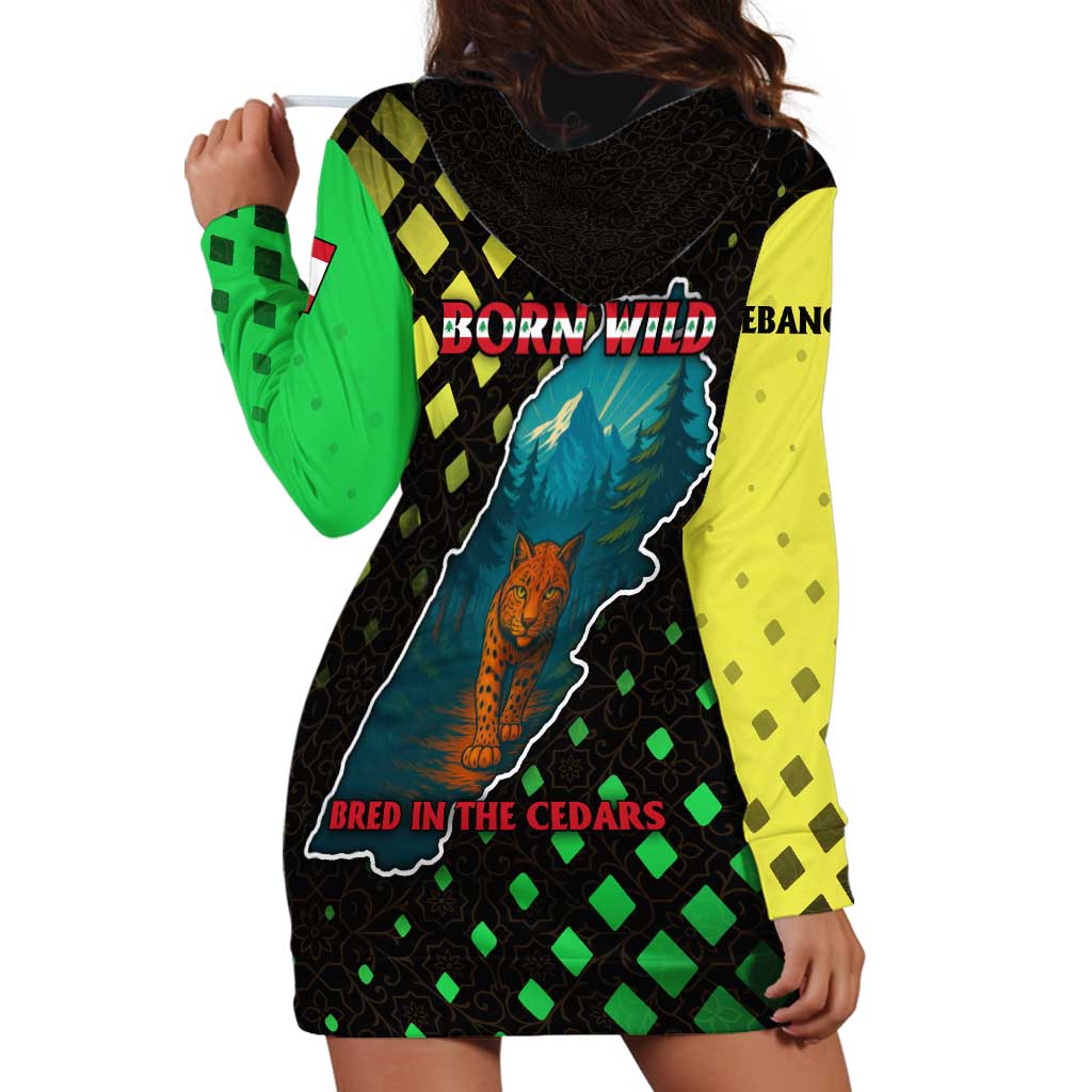 Lebanon Wild Cedar Forest Hoodie Dress with Leopard and National Map Design
