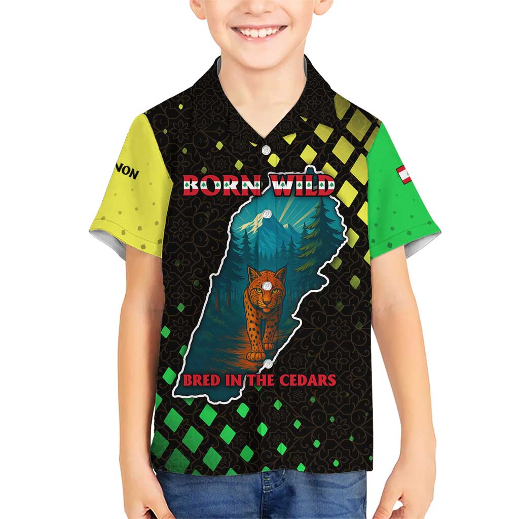 Lebanon Wild Cedar Forest Kid Hawaiian Shirt with Leopard and National Map Design