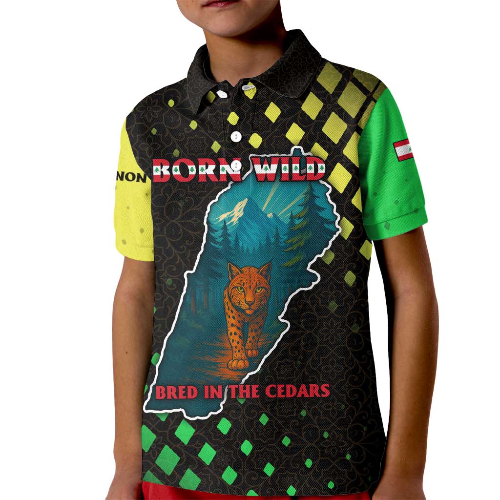 Lebanon Wild Cedar Forest Kid Polo Shirt with Leopard and National Map Design