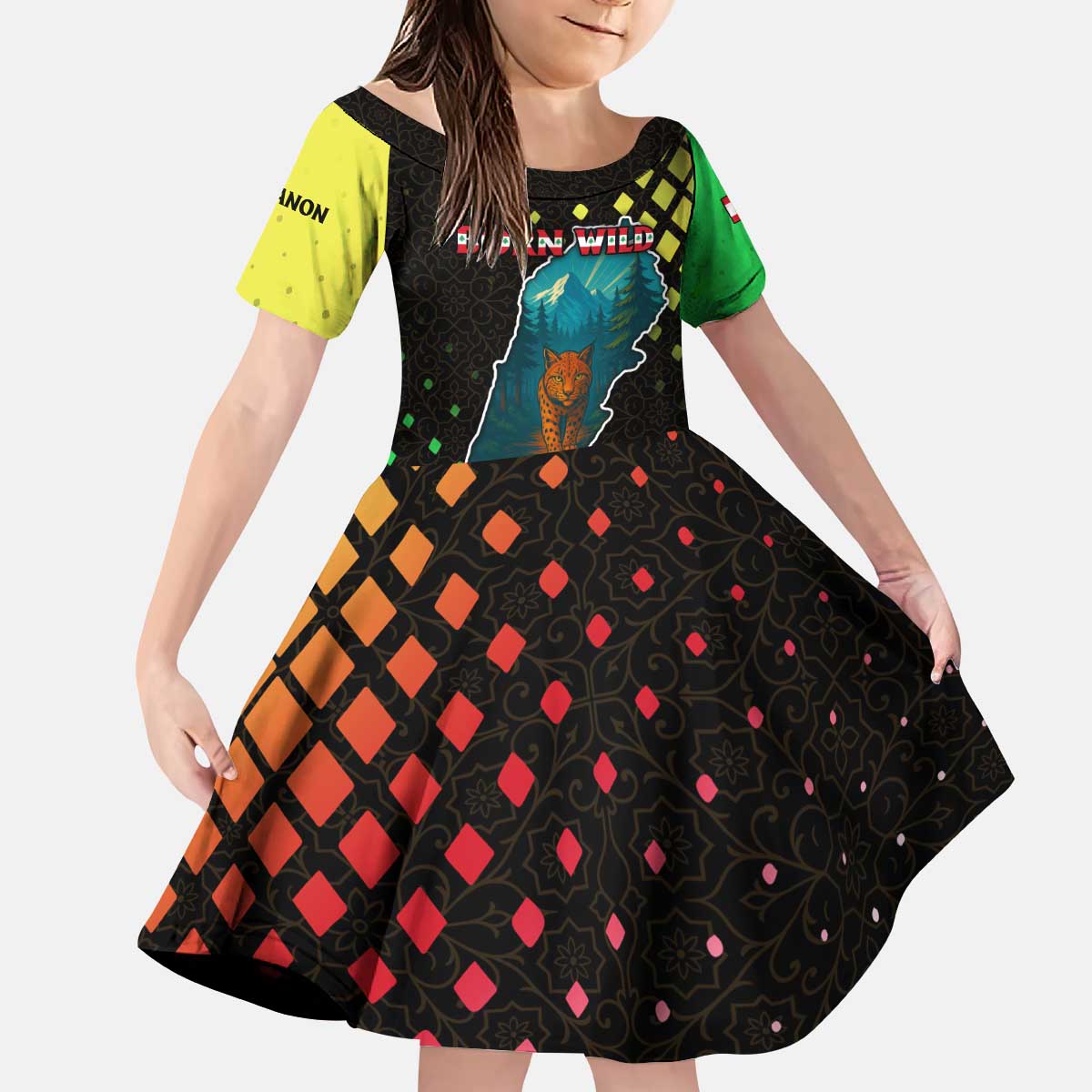 Lebanon Wild Cedar Forest Kid Short Sleeve Dress with Leopard and National Map Design