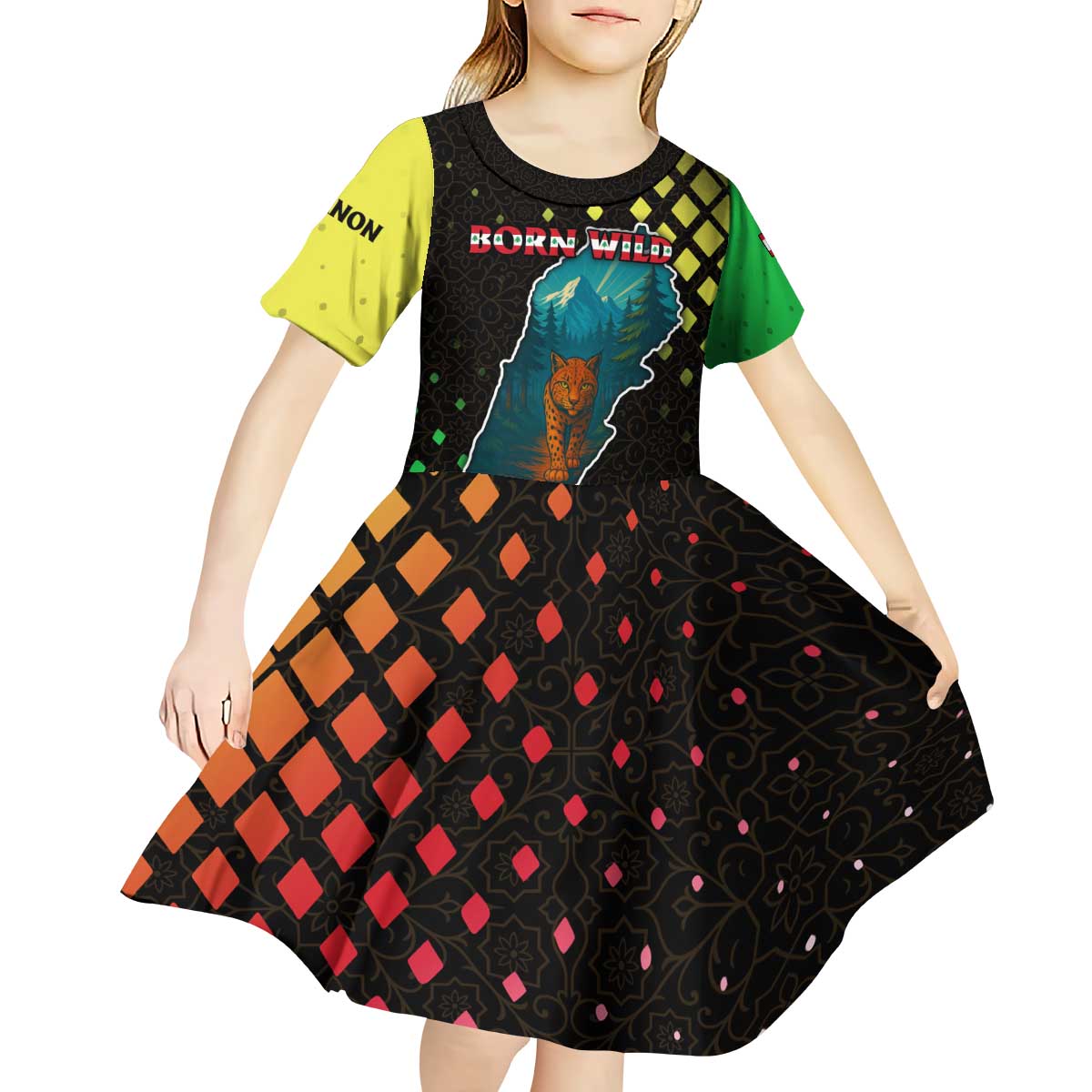 Lebanon Wild Cedar Forest Kid Short Sleeve Dress with Leopard and National Map Design