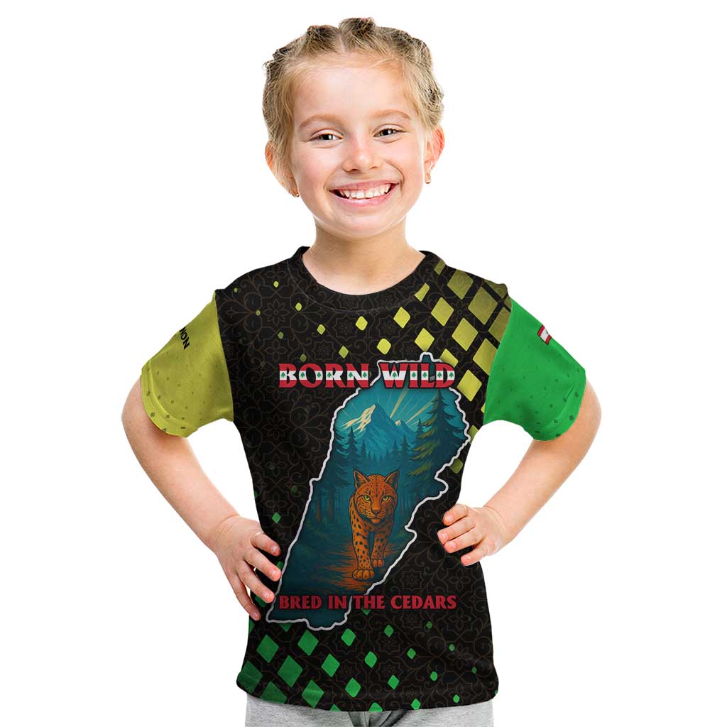 Lebanon Wild Cedar Forest Kid T Shirt with Leopard and National Map Design