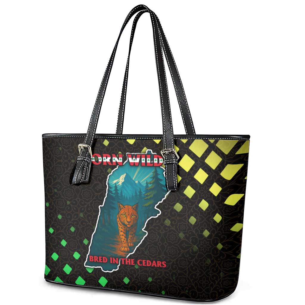 Lebanon Wild Cedar Forest Leather Tote Bag with Leopard and National Map Design
