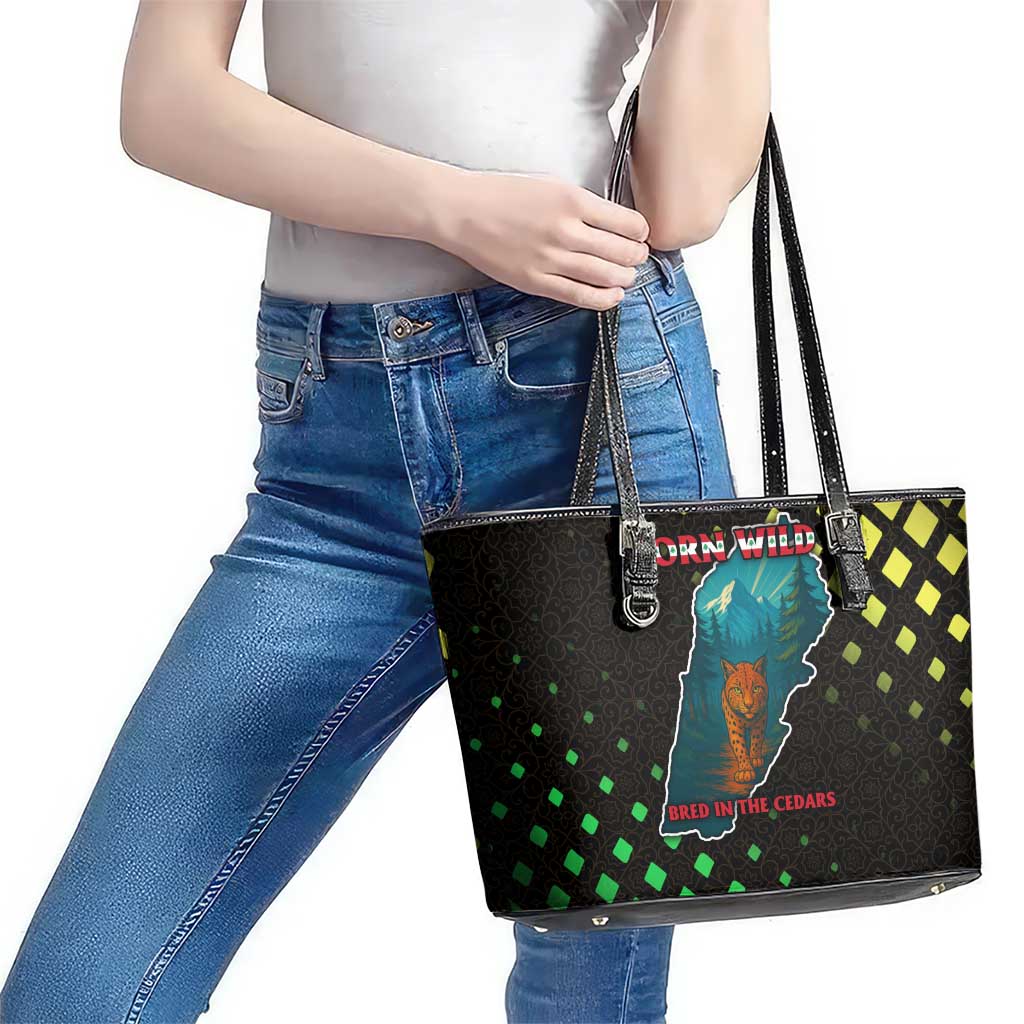 Lebanon Wild Cedar Forest Leather Tote Bag with Leopard and National Map Design