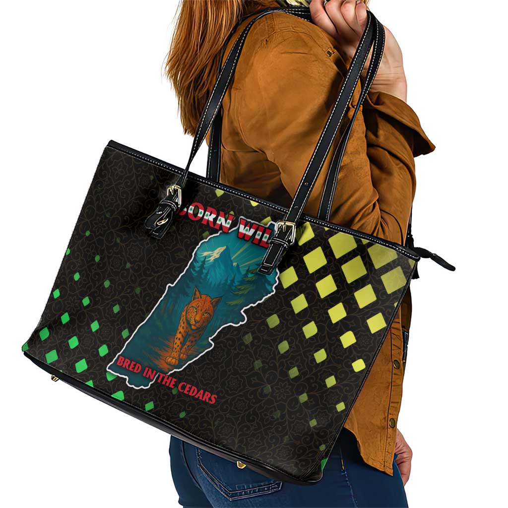 Lebanon Wild Cedar Forest Leather Tote Bag with Leopard and National Map Design