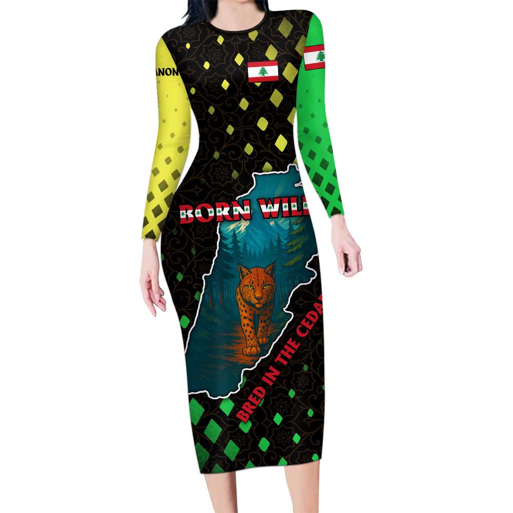 Lebanon Wild Cedar Forest Long Sleeve Bodycon Dress with Leopard and National Map Design
