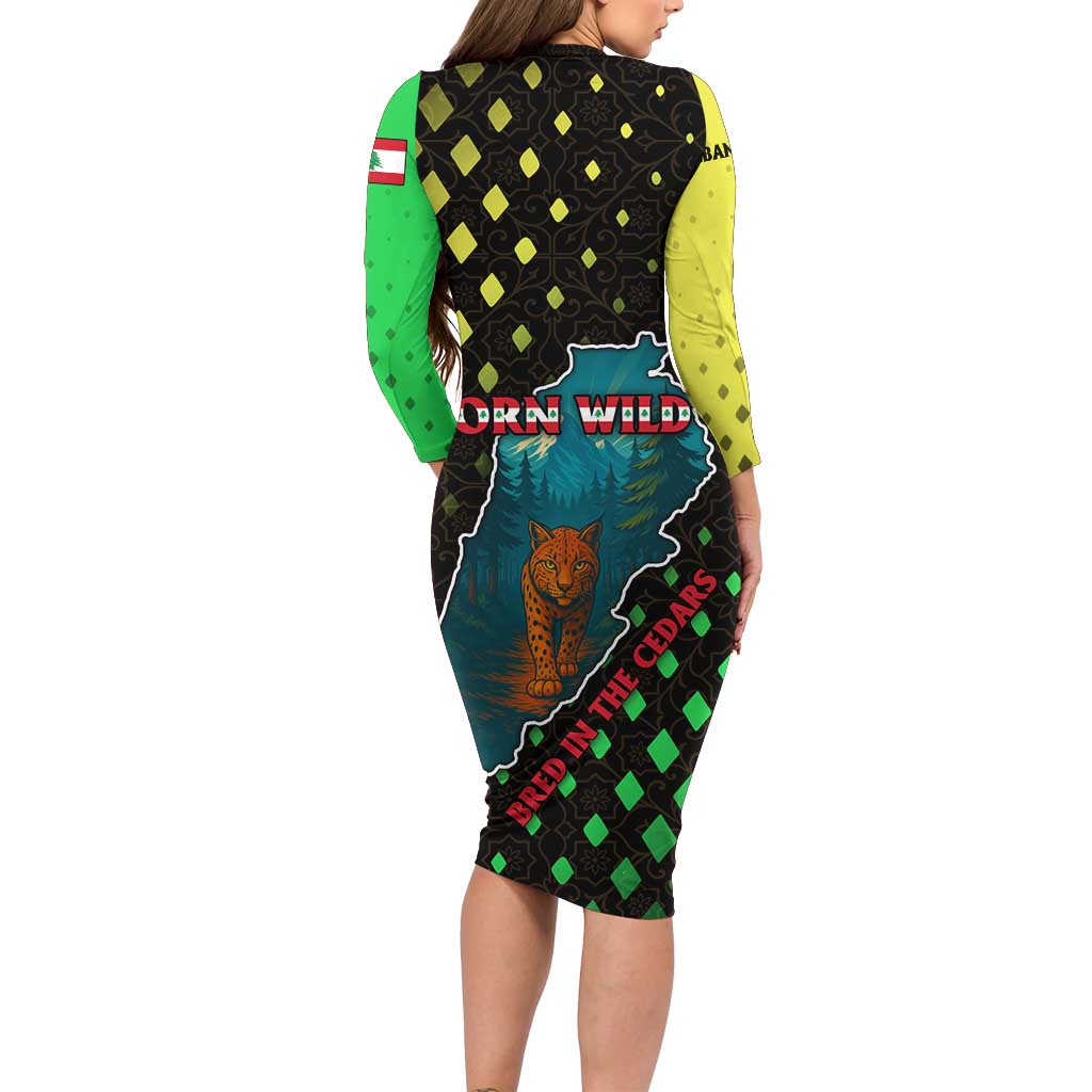 Lebanon Wild Cedar Forest Long Sleeve Bodycon Dress with Leopard and National Map Design