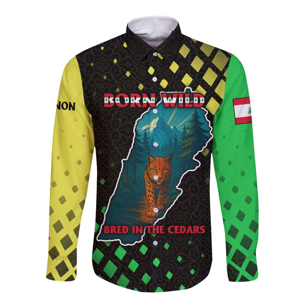 Lebanon Wild Cedar Forest Long Sleeve Button Shirt with Leopard and National Map Design