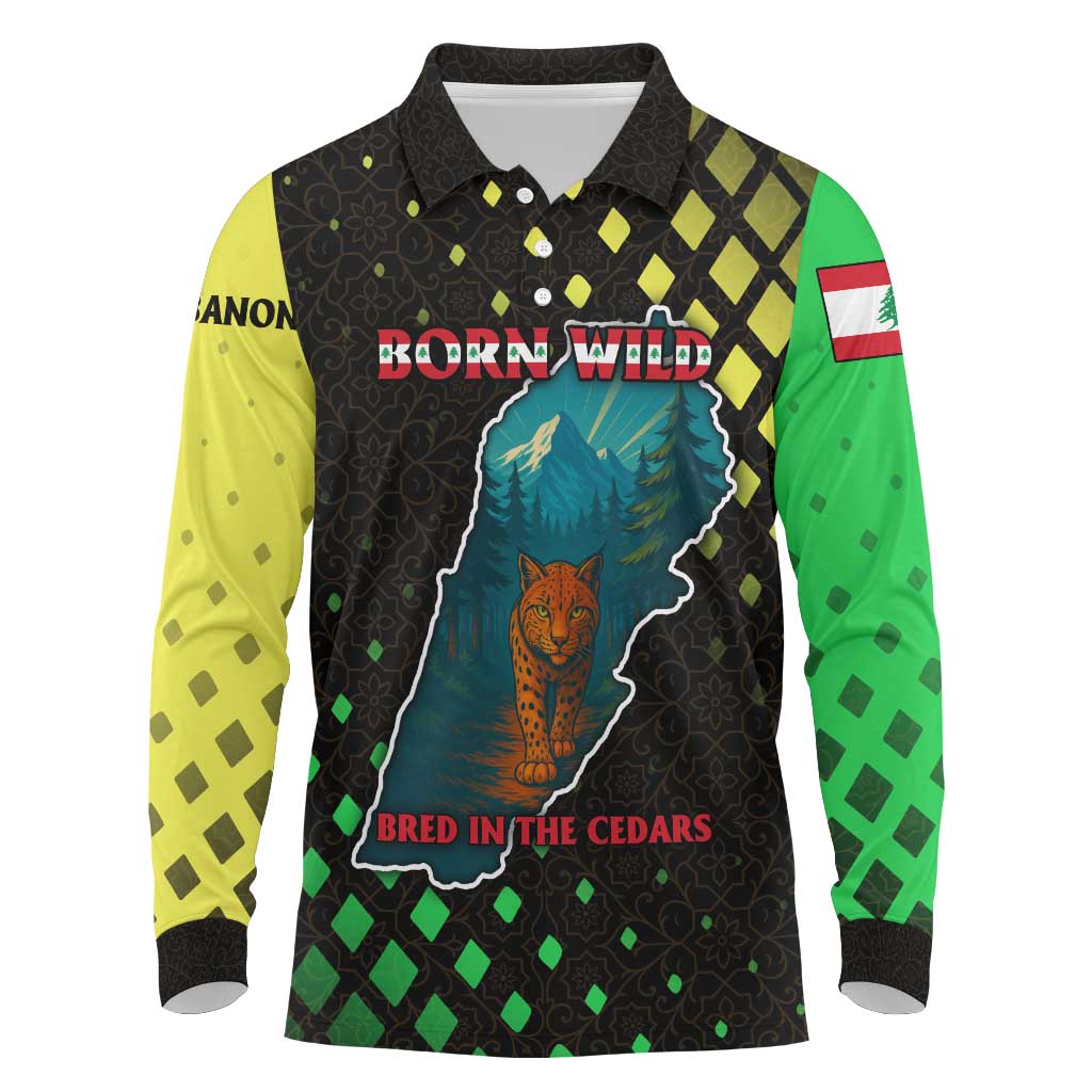 Lebanon Wild Cedar Forest Long Sleeve Polo Shirt with Leopard and National Map Design