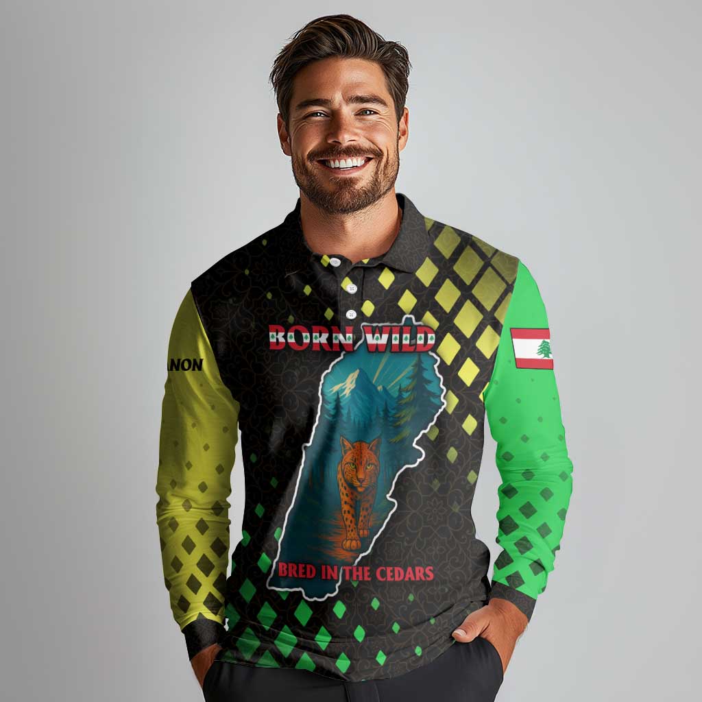 Lebanon Wild Cedar Forest Long Sleeve Polo Shirt with Leopard and National Map Design