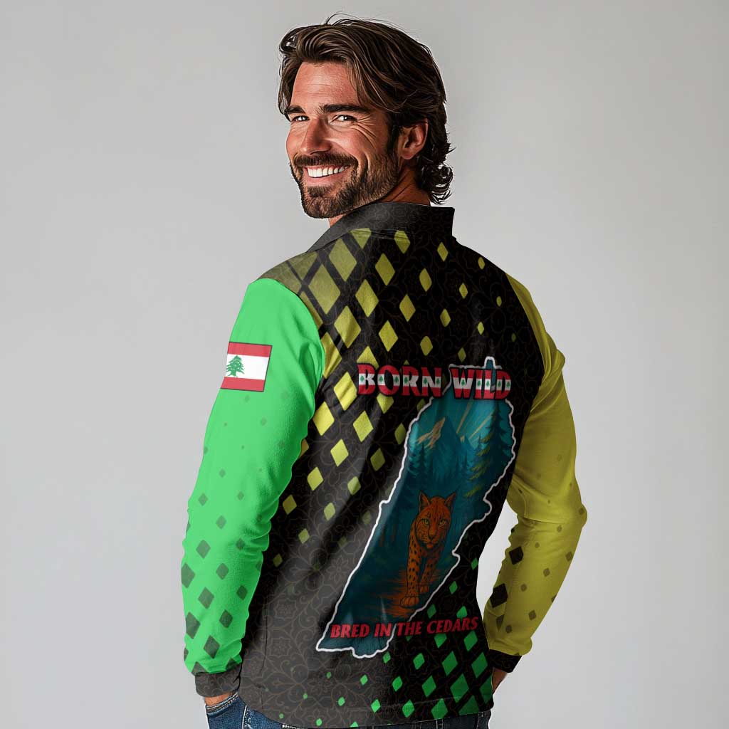 Lebanon Wild Cedar Forest Long Sleeve Polo Shirt with Leopard and National Map Design