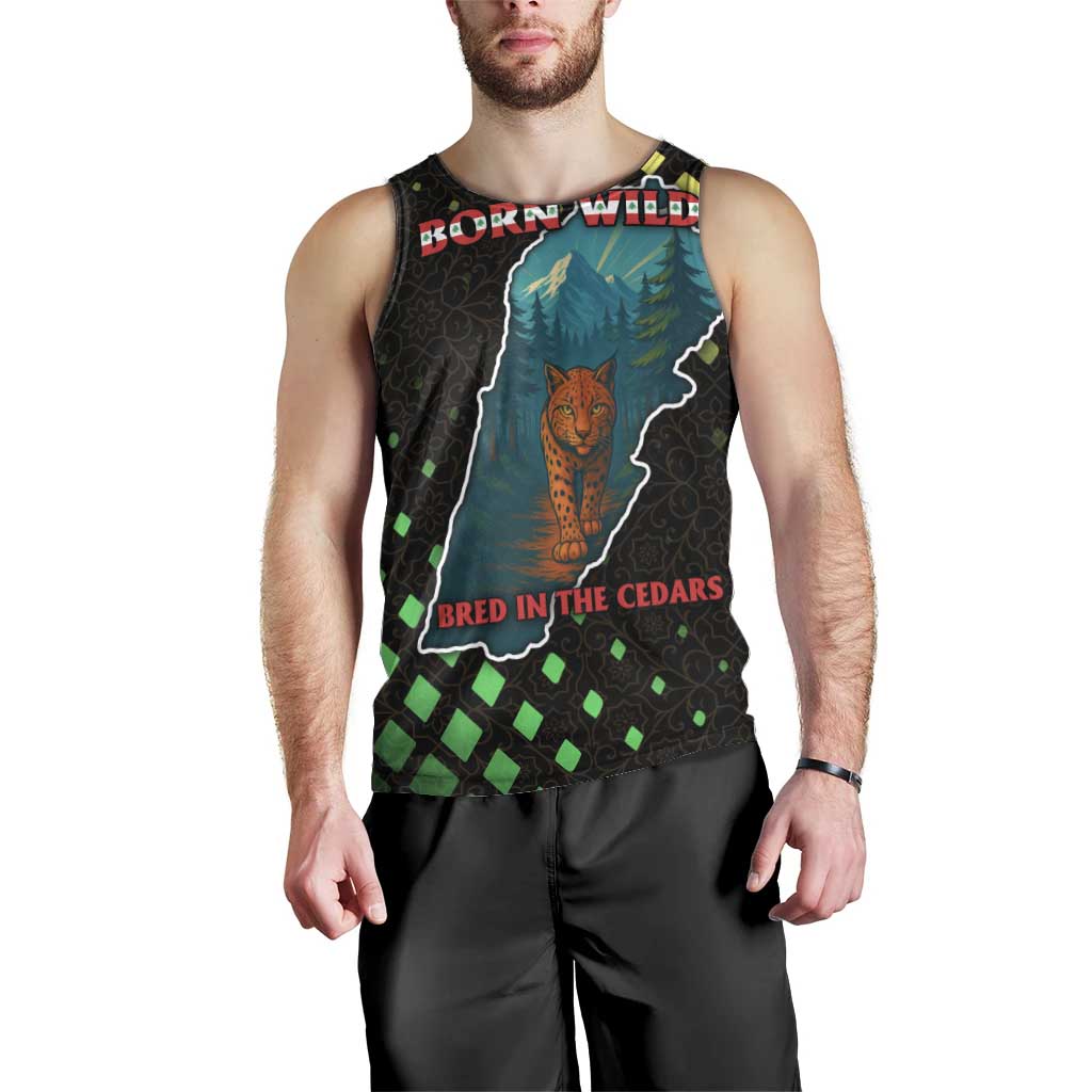 Lebanon Wild Cedar Forest Men Tank Top with Leopard and National Map Design