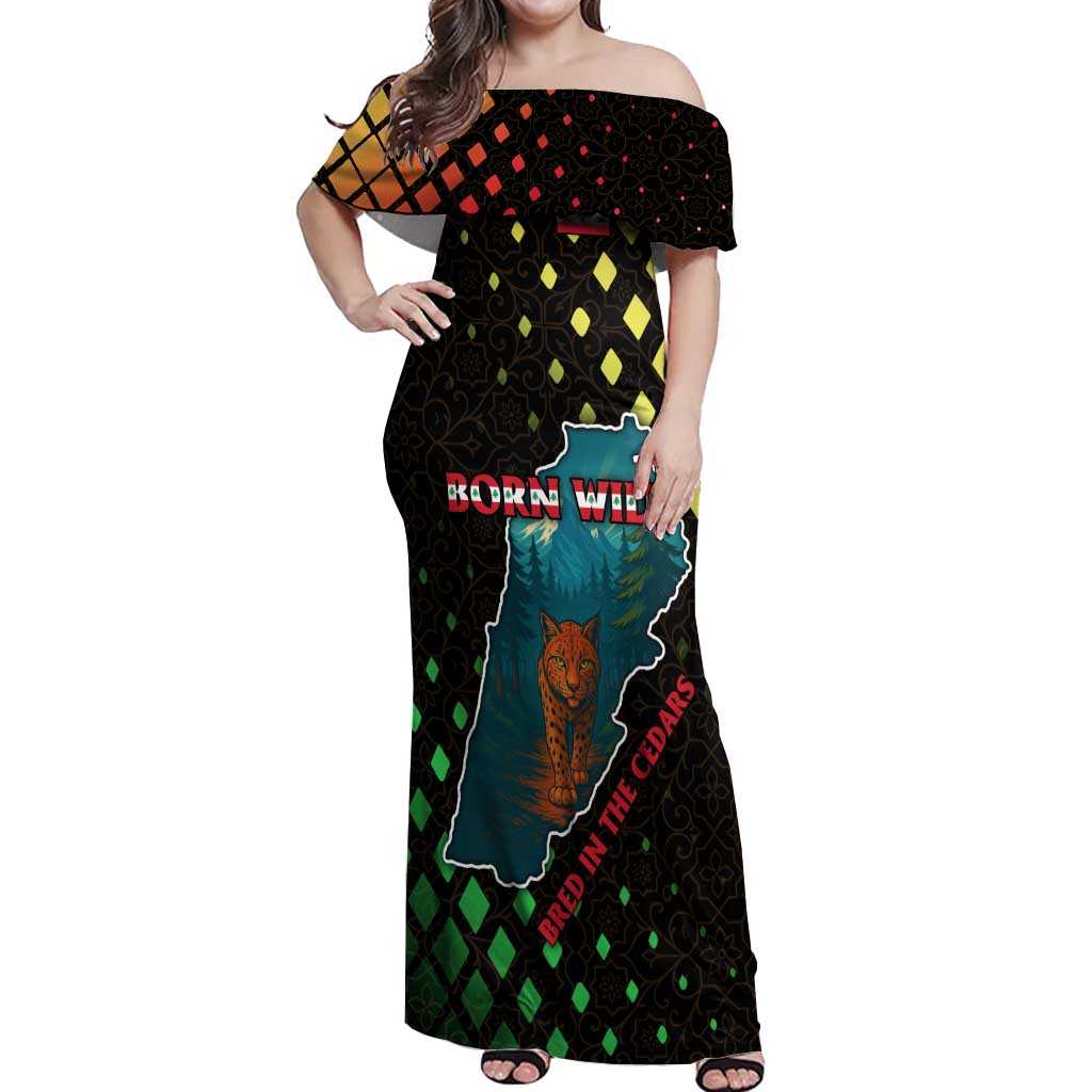 Lebanon Wild Cedar Forest Off Shoulder Maxi Dress with Leopard and National Map Design