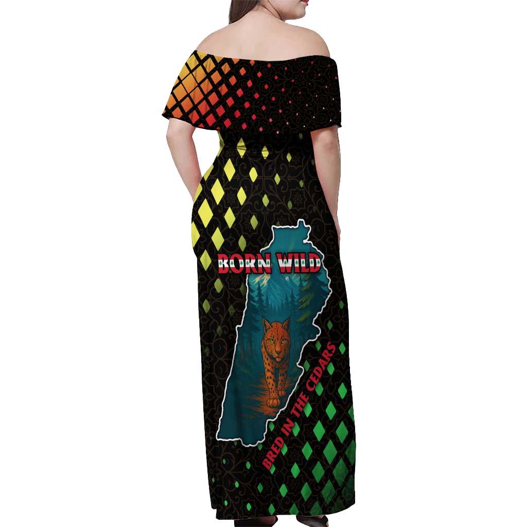 Lebanon Wild Cedar Forest Off Shoulder Maxi Dress with Leopard and National Map Design