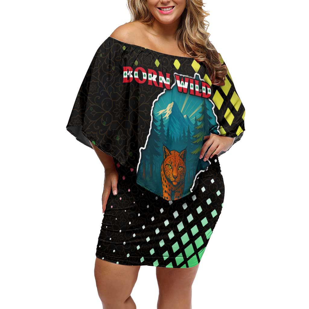 Lebanon Wild Cedar Forest Off Shoulder Short Dress with Leopard and National Map Design