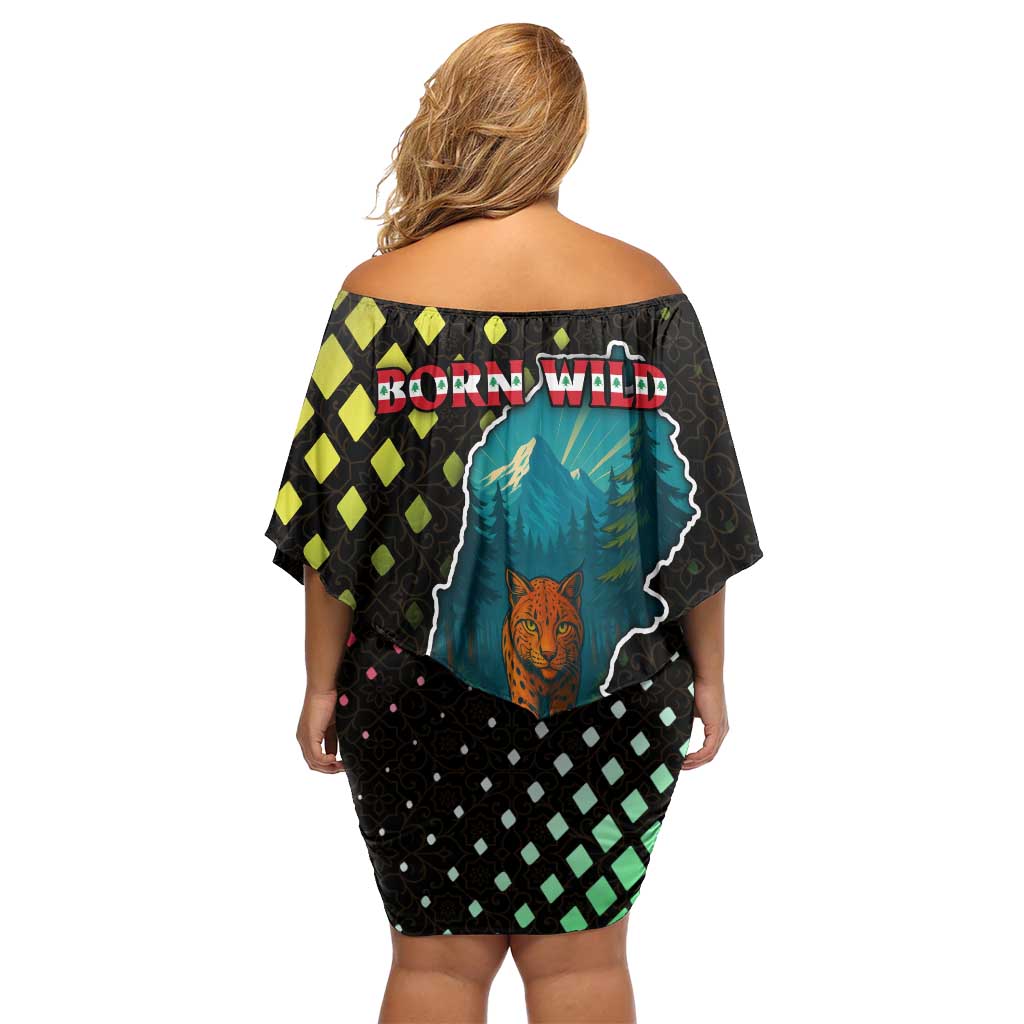 Lebanon Wild Cedar Forest Off Shoulder Short Dress with Leopard and National Map Design