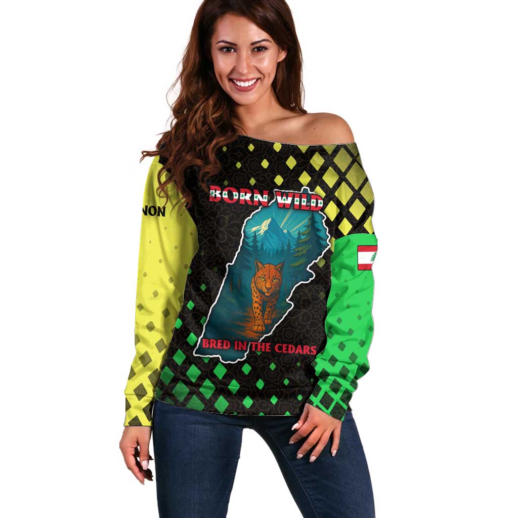 Lebanon Wild Cedar Forest Off Shoulder Sweater with Leopard and National Map Design