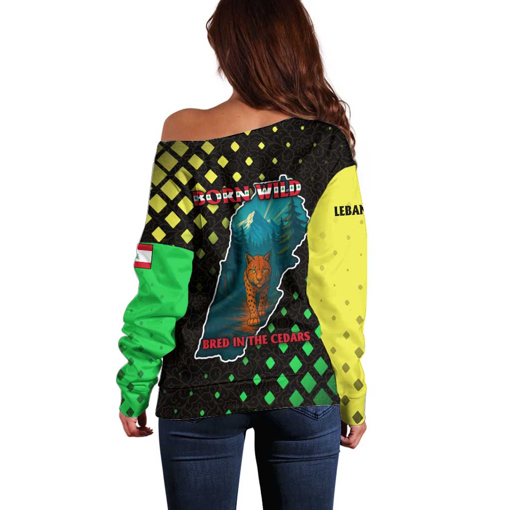 Lebanon Wild Cedar Forest Off Shoulder Sweater with Leopard and National Map Design