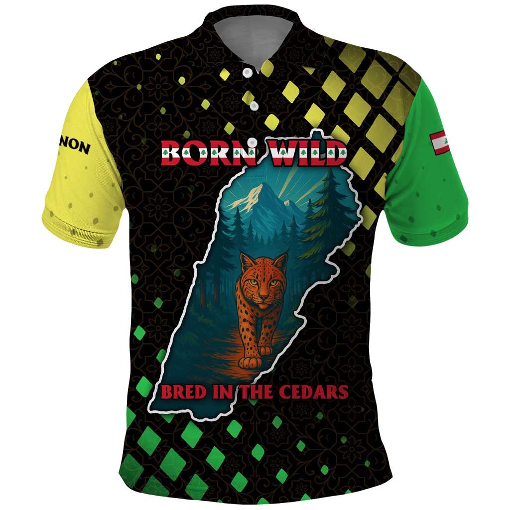 Lebanon Wild Cedar Forest Polo Shirt with Leopard and National Map Design