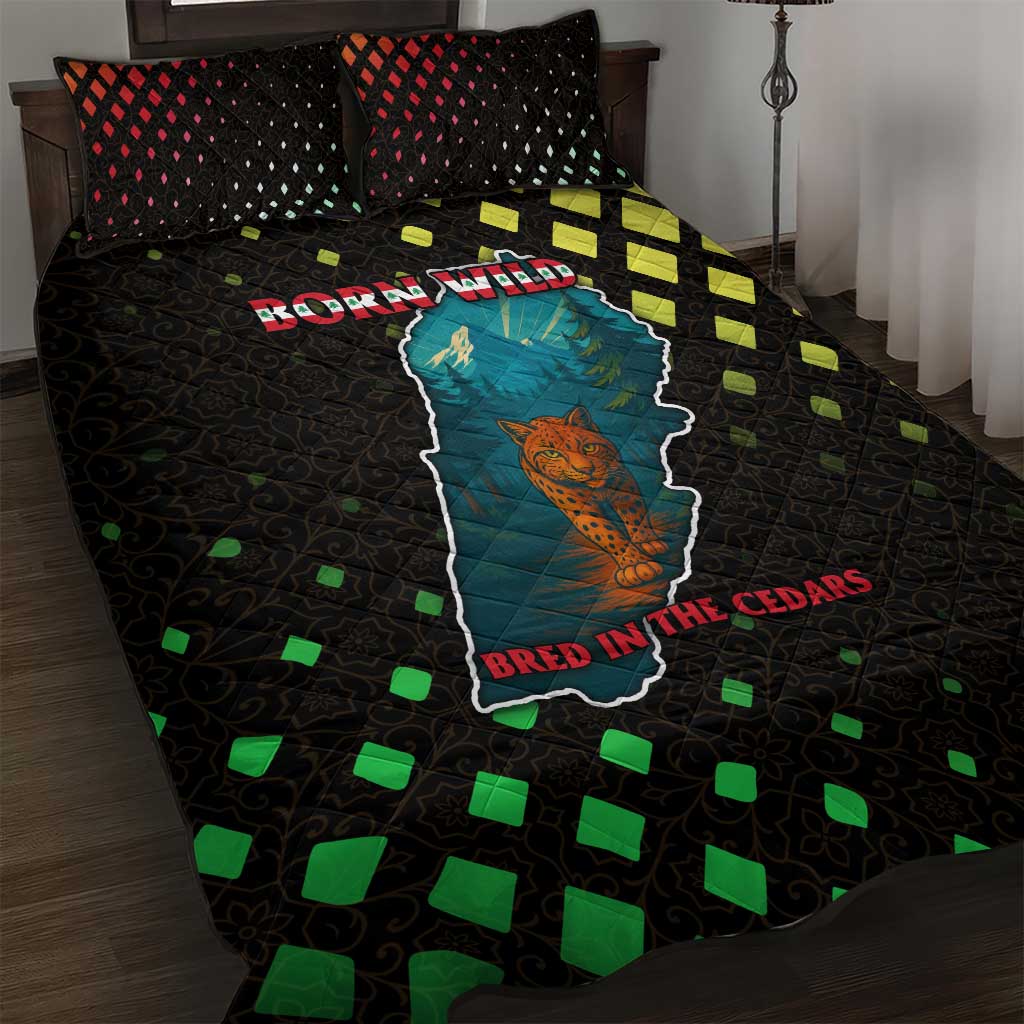 Lebanon Wild Cedar Forest Quilt Bed Set with Leopard and National Map Design