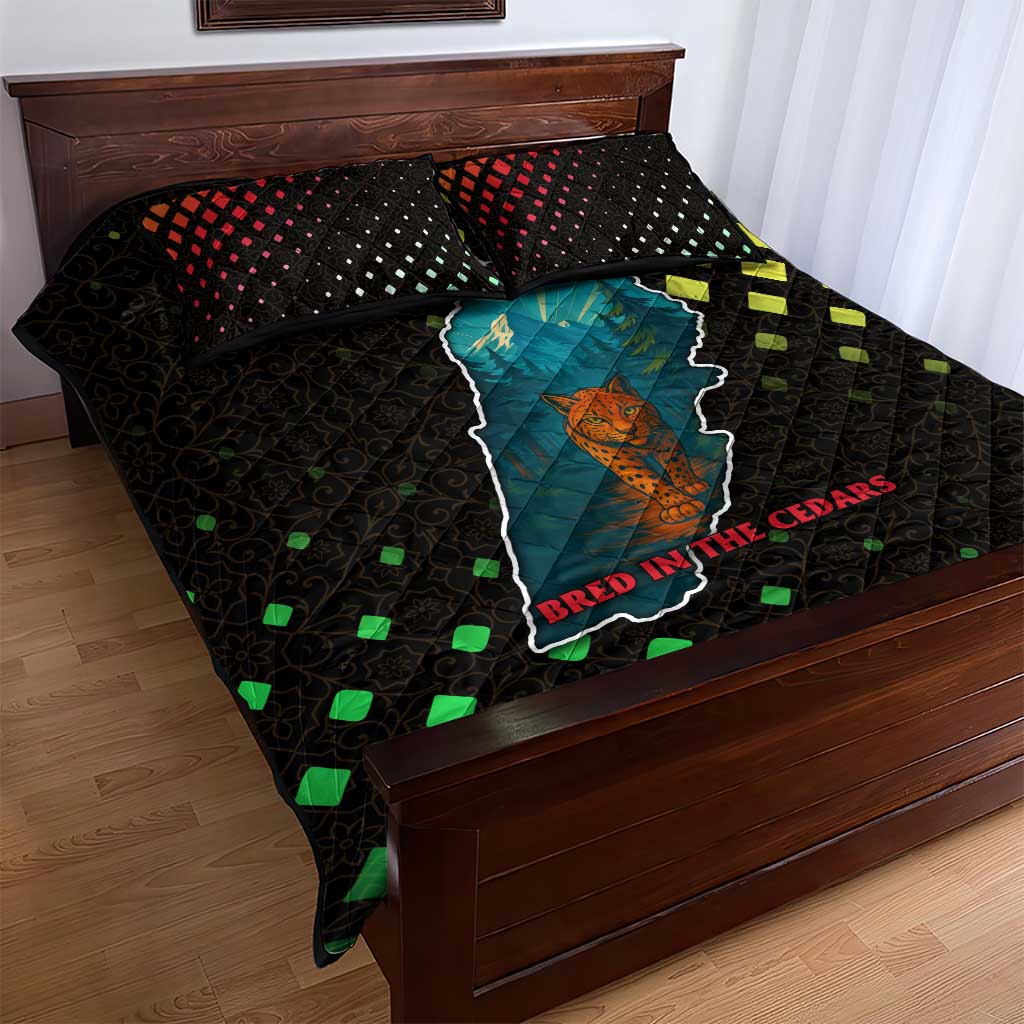 Lebanon Wild Cedar Forest Quilt Bed Set with Leopard and National Map Design