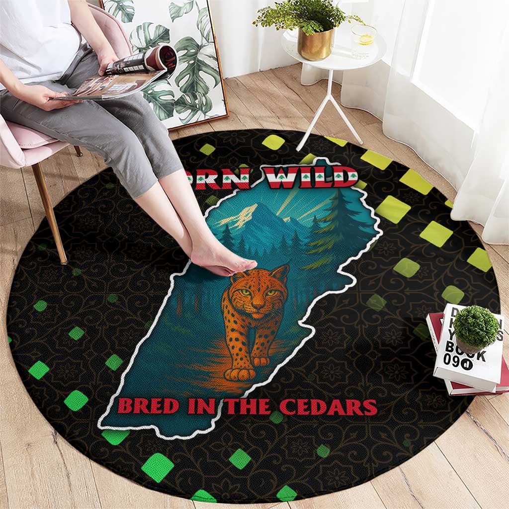 Lebanon Wild Cedar Forest Round Carpet with Leopard and National Map Design
