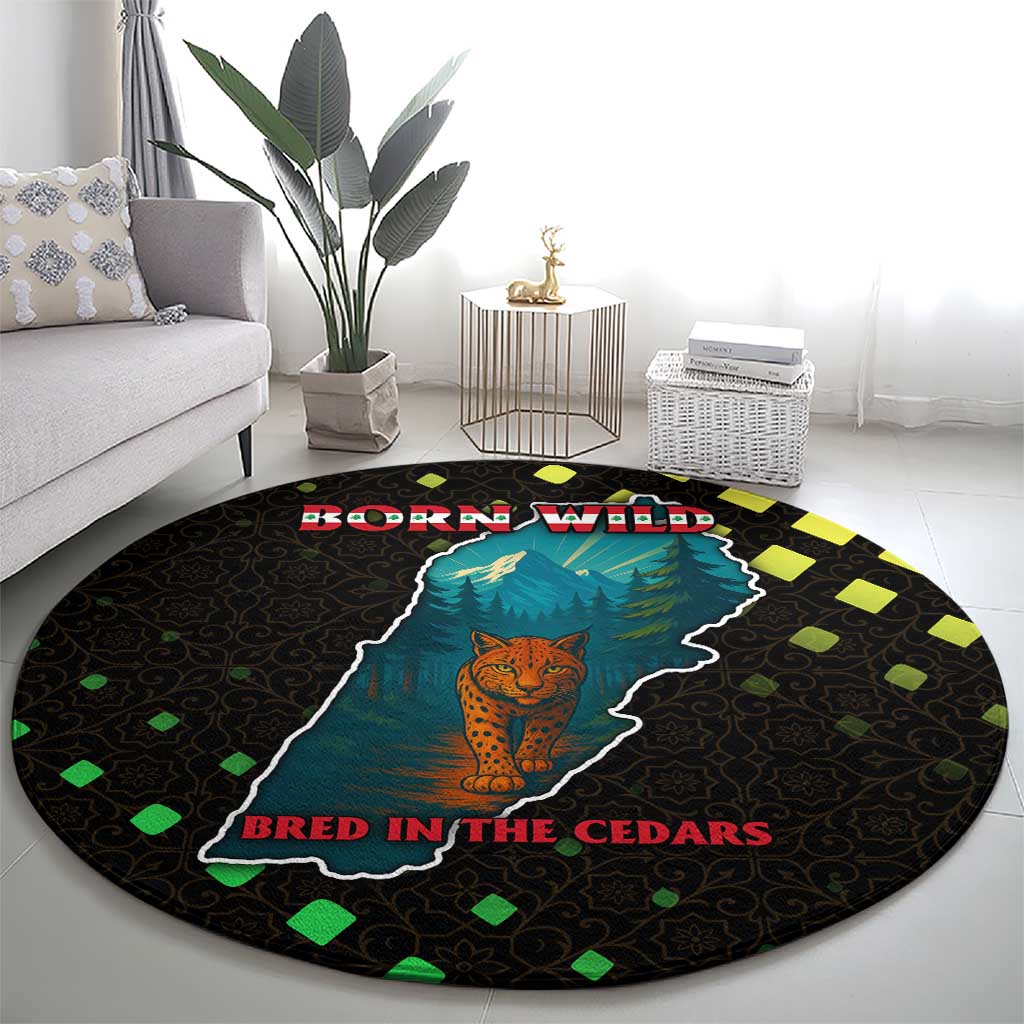 Lebanon Wild Cedar Forest Round Carpet with Leopard and National Map Design