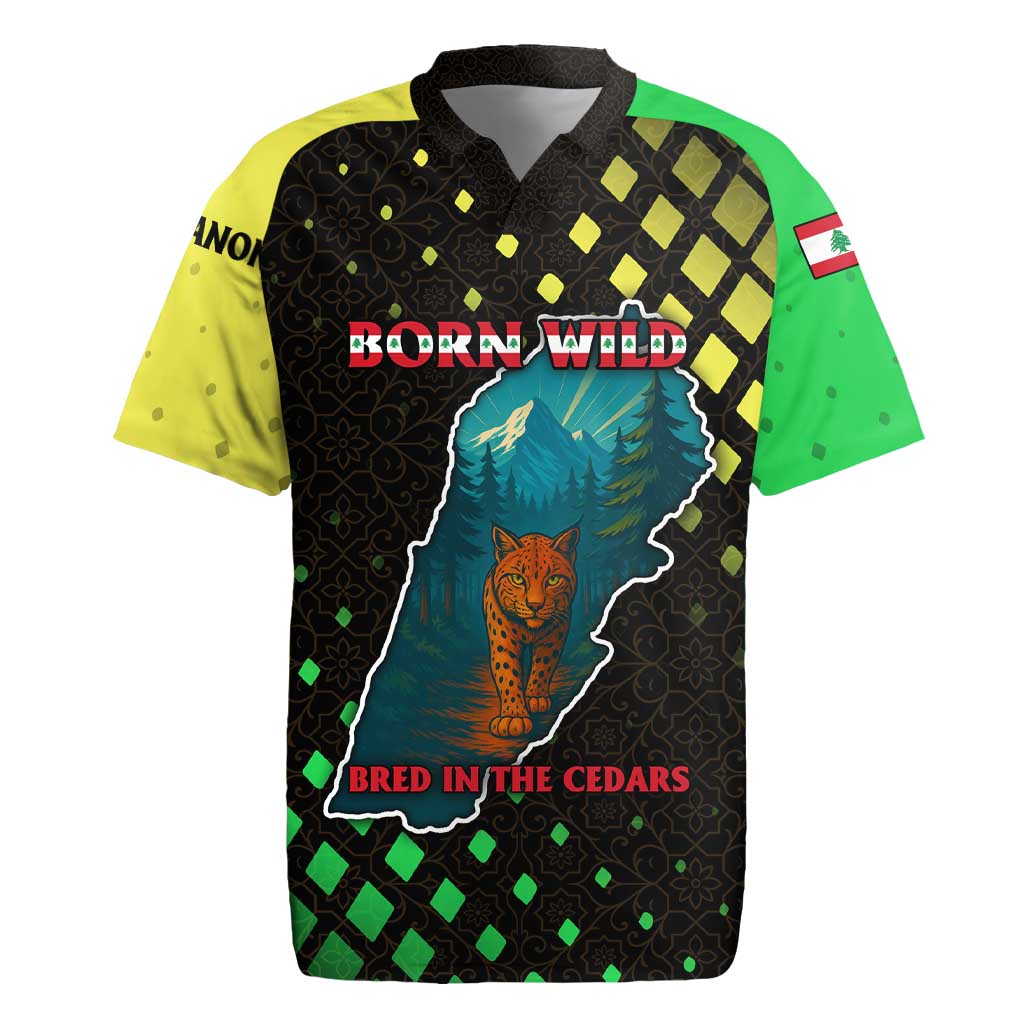 Lebanon Wild Cedar Forest Rugby Jersey with Leopard and National Map Design