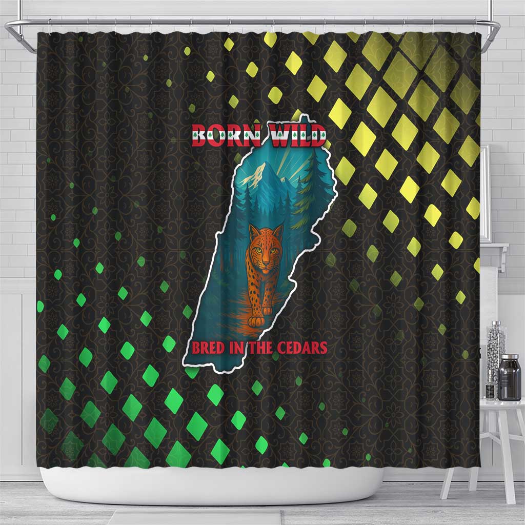Lebanon Wild Cedar Forest Shower Curtain with Leopard and National Map Design