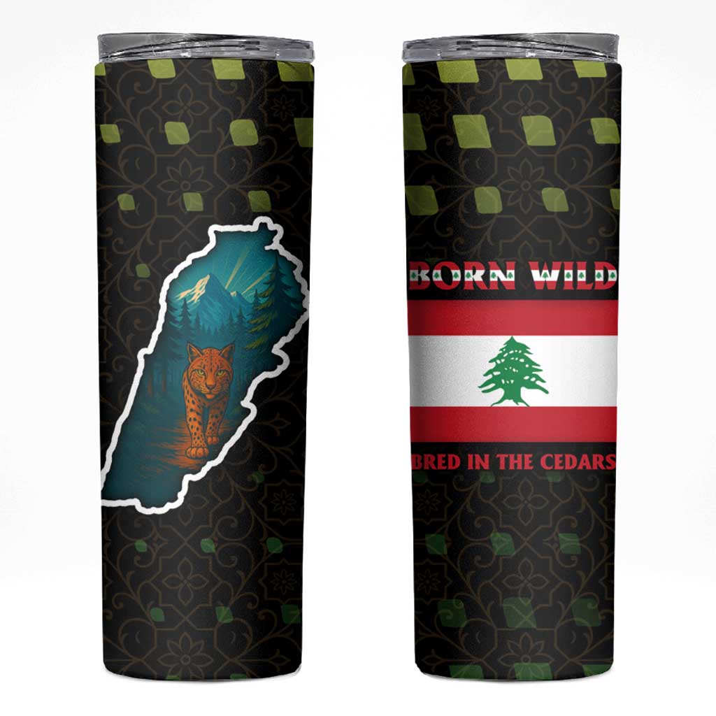 Lebanon Wild Cedar Forest Skinny Tumbler with Leopard and National Map Design
