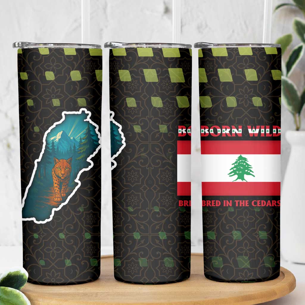 Lebanon Wild Cedar Forest Skinny Tumbler with Leopard and National Map Design