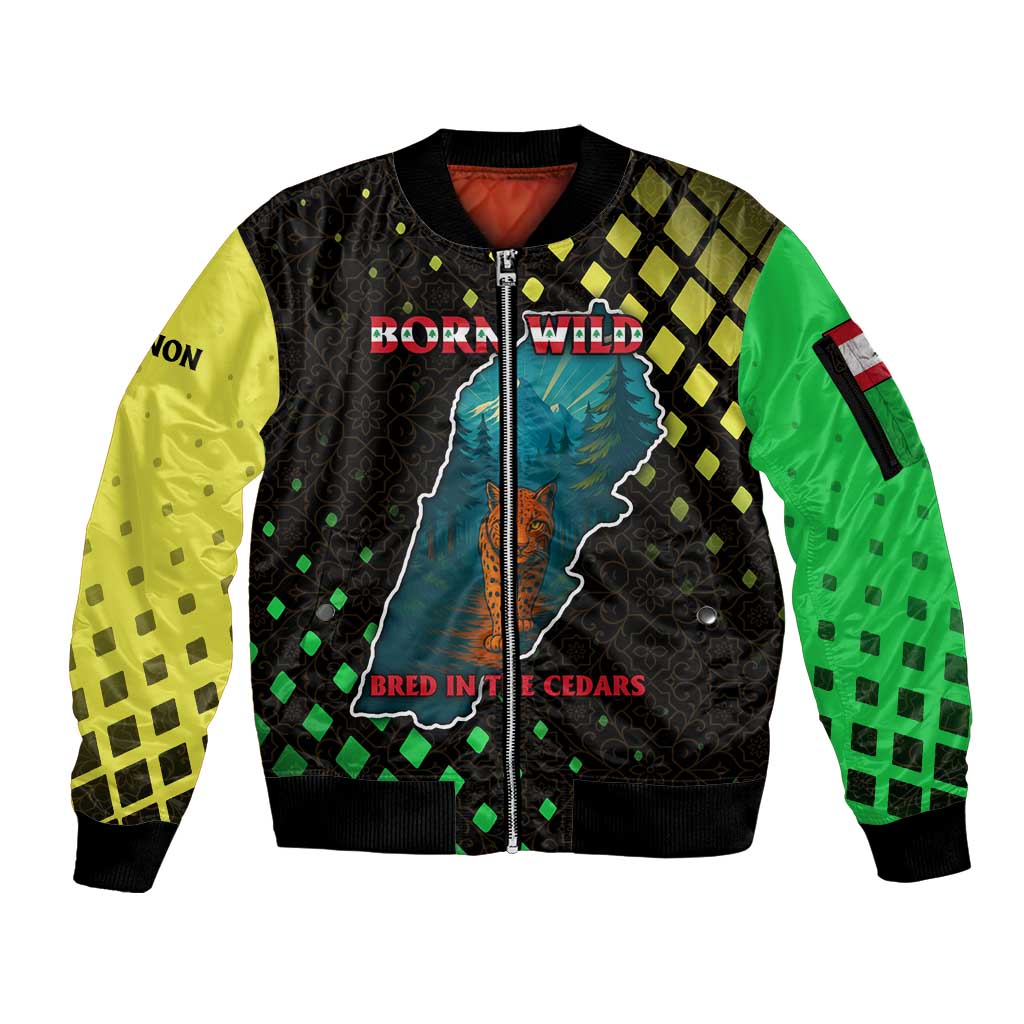Lebanon Wild Cedar Forest Sleeve Zip Bomber Jacket with Leopard and National Map Design