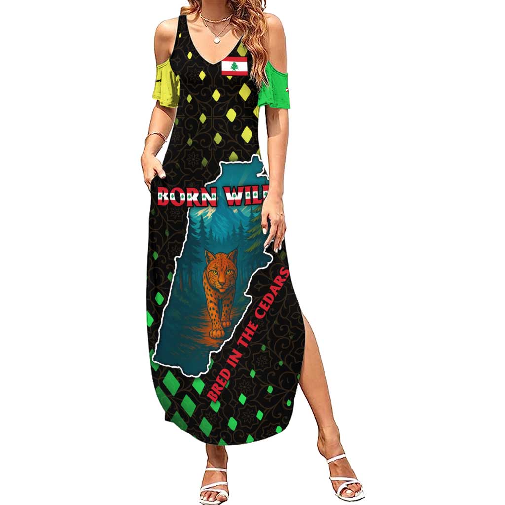 Lebanon Wild Cedar Forest Summer Maxi Dress with Leopard and National Map Design