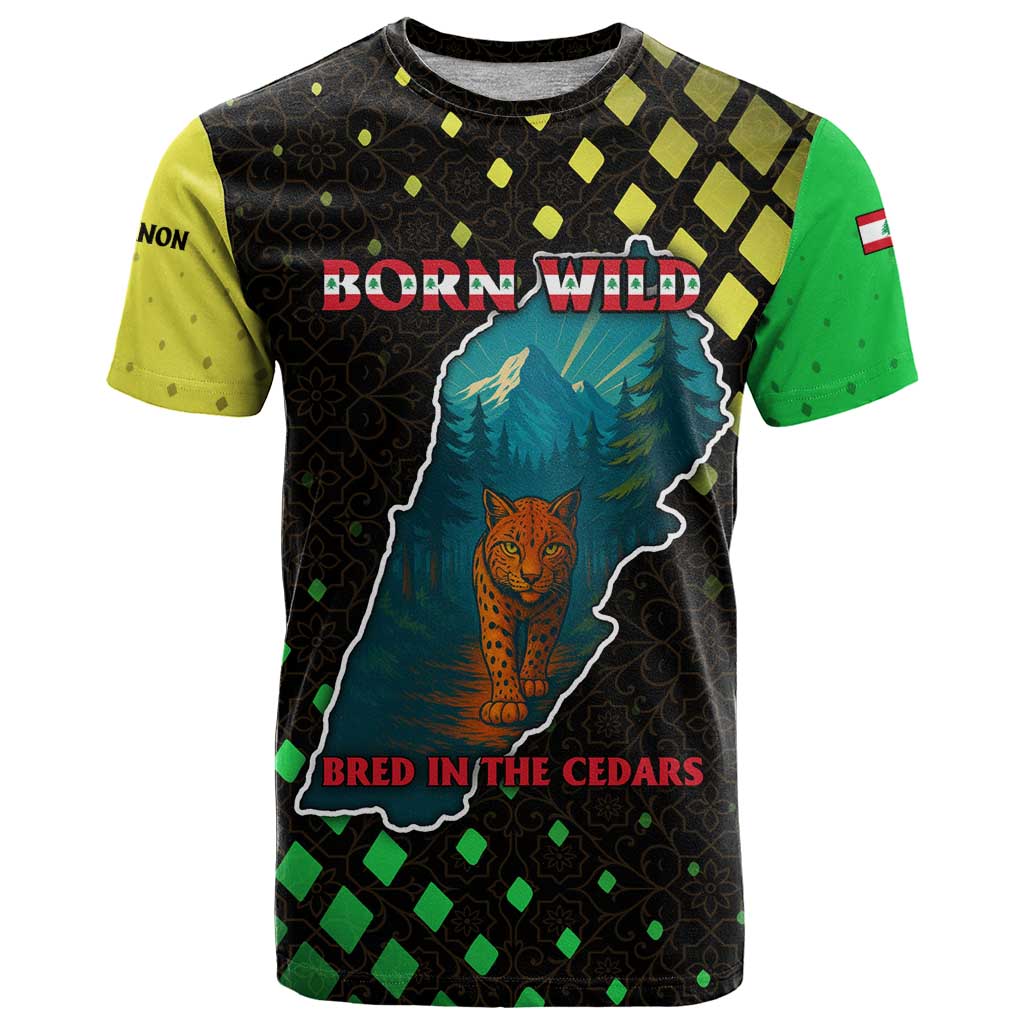 Lebanon Wild Cedar Forest T Shirt with Leopard and National Map Design