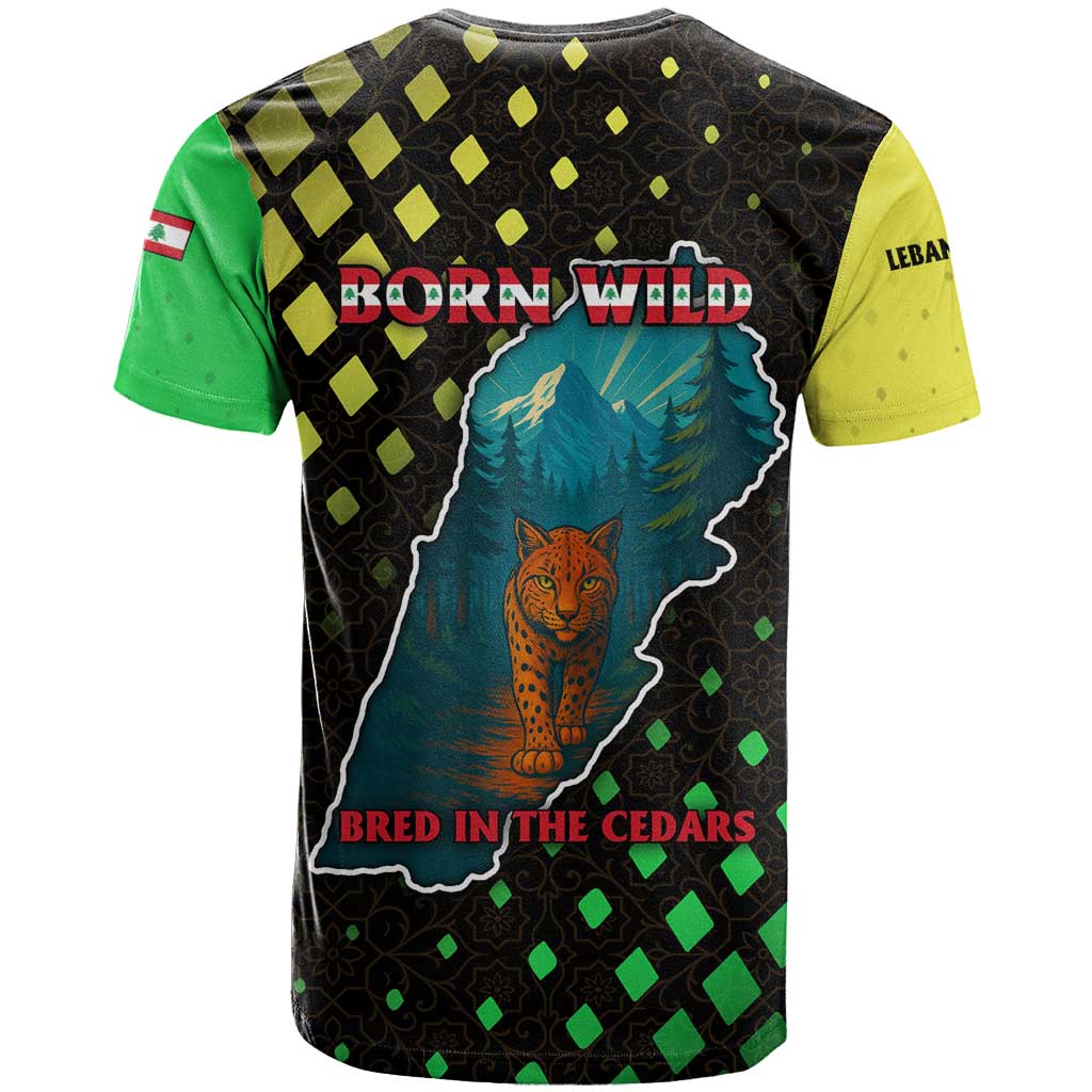 Lebanon Wild Cedar Forest T Shirt with Leopard and National Map Design
